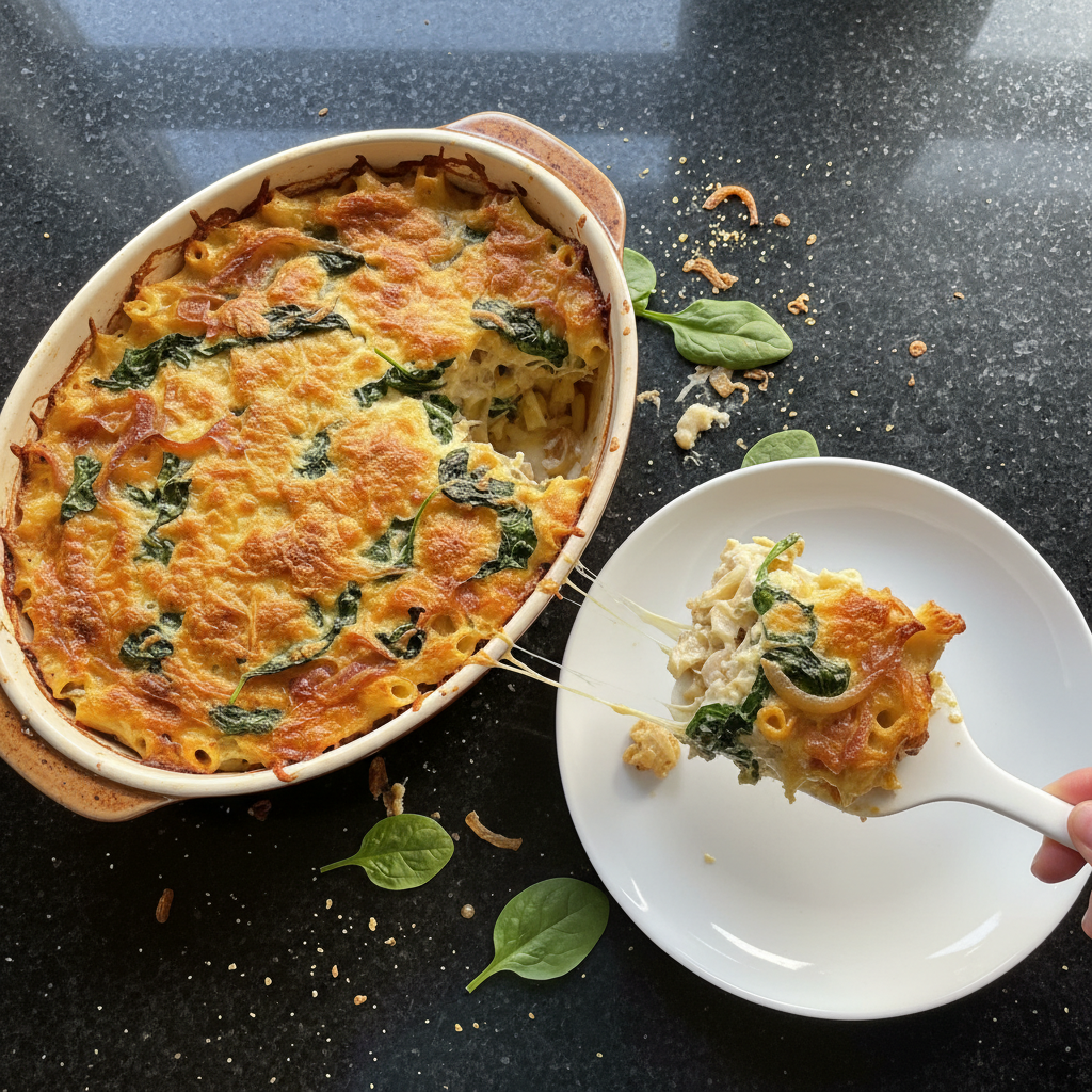 Caramelized Onion & Spinach Pasta Bake