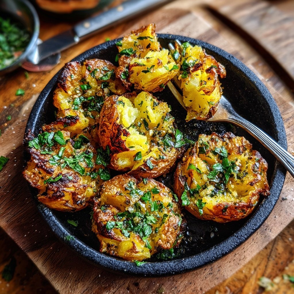 Smashed Garlic Potatoes with Herbs