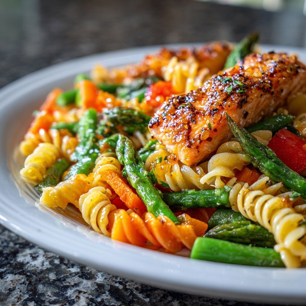 Pasta Primavera with Honey-Citrus Salmon